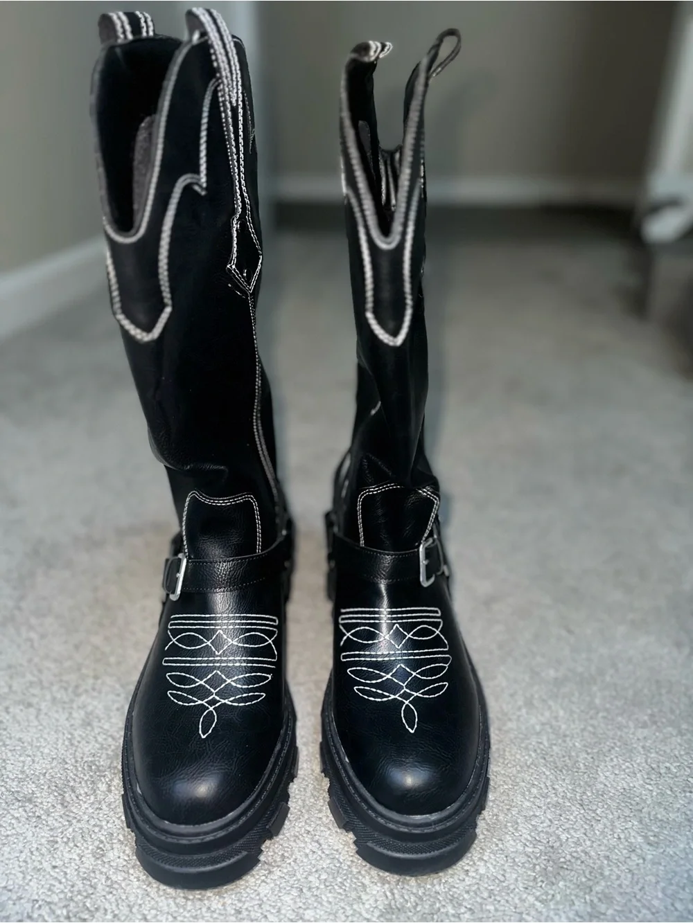 Black Western-Style Harness Chunky Sole Boots